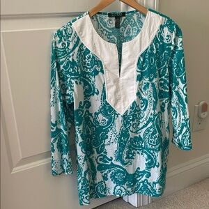 Talbots Teal & White Paisley Tunic with Contrast Yoke